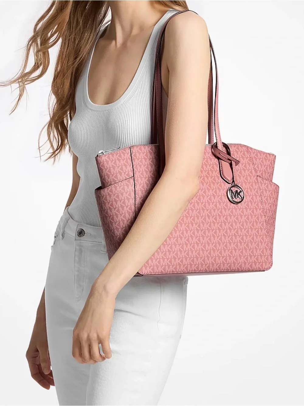 NWT💕Michael Kors Marilyn Medium Signature Logo Tote Bag Pink Sunset Rose Charm